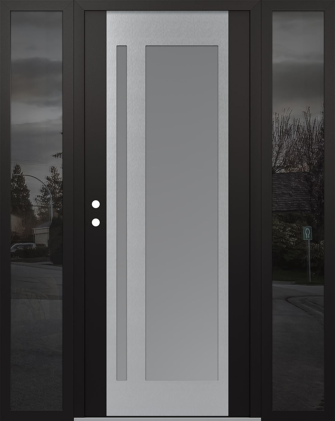 Modern Steel Front Door Diamond C15 64" x 80" black/white frosted Glass Panel stainless steel RHI with 2 Sidelites mirrored Glass