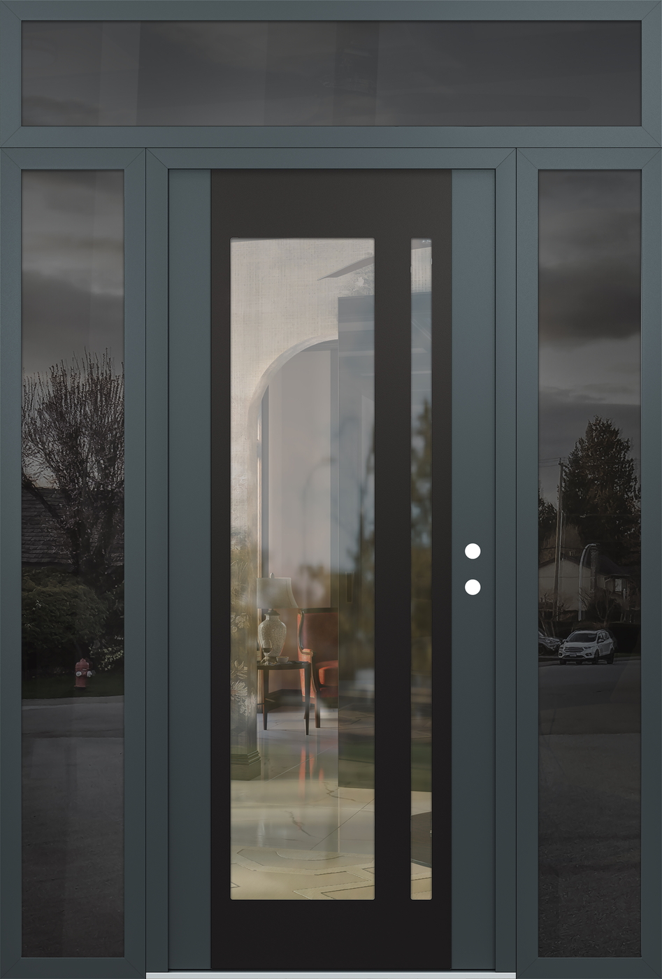 Modern Steel Front Door Diamond C15 64" x 96" anthracite/anthracite clear Glass Panel black LHI with 2 Sidelites and Transom mirrored Glass