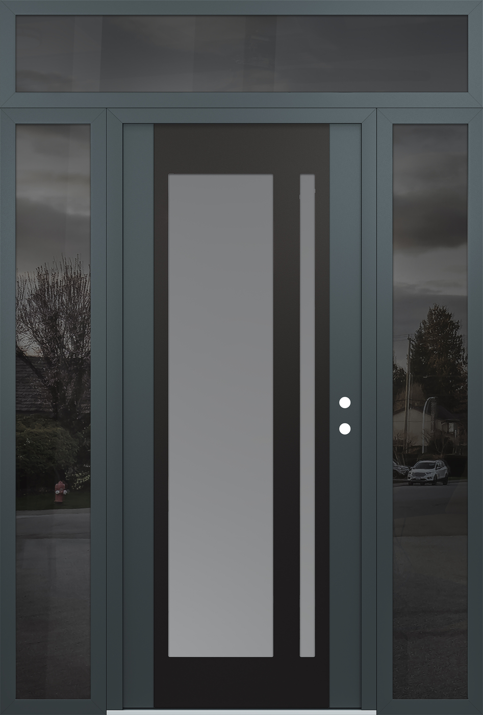 Modern Steel Front Door Diamond C15 64" x 96" anthracite/anthracite frosted Glass Panel black LHI with 2 Sidelites and Transom mirrored Glass