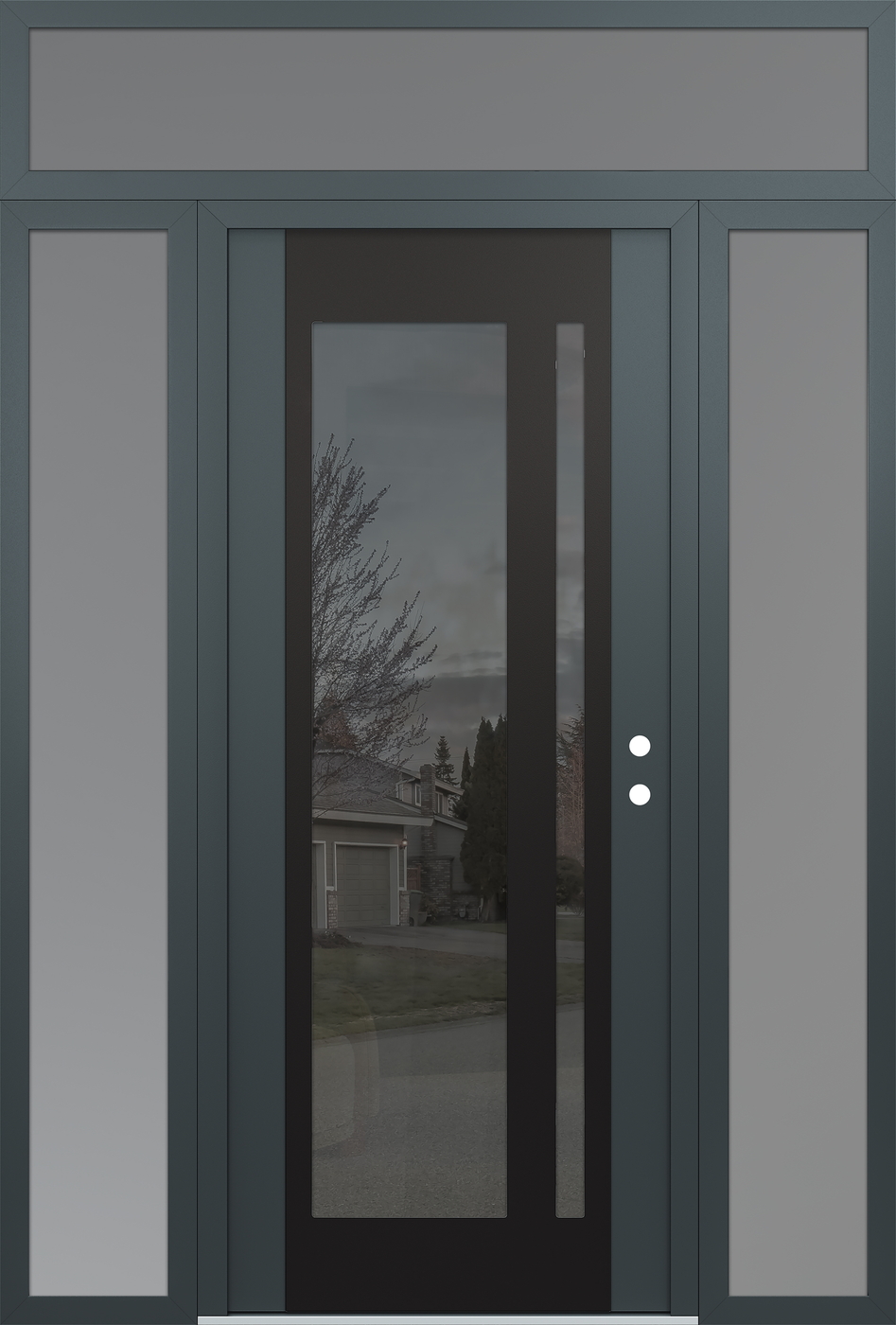 Modern Steel Front Door Diamond C15 64" x 96" anthracite/anthracite mirrored Glass Panel black LHI with 2 Sidelites and Transom frosted Glass