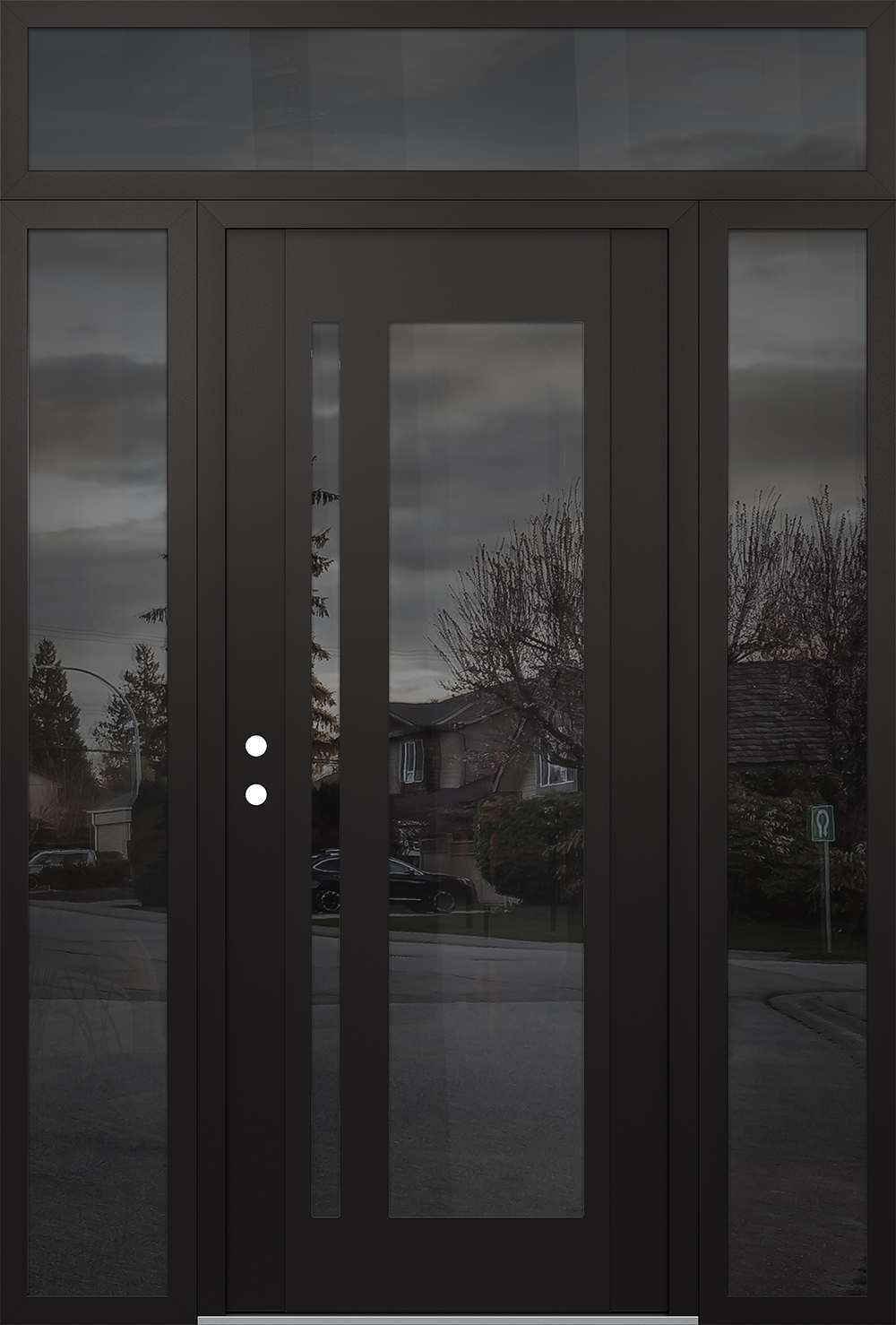 Modern Steel Front Door Diamond C15 64" x 96" black/black mirrored Glass Panel black RHI with 2 Sidelites and Transom mirrored Glass