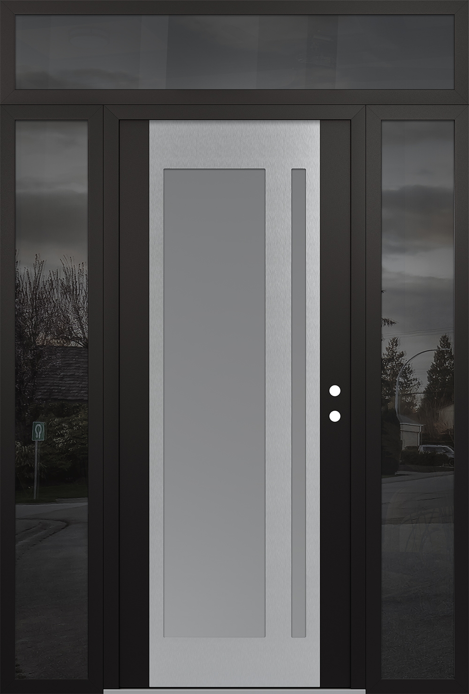 Modern Steel Front Door Diamond C15 64" x 96" black/white frosted Glass Panel stainless steel LHI with 2 Sidelites and Transom mirrored Glass
