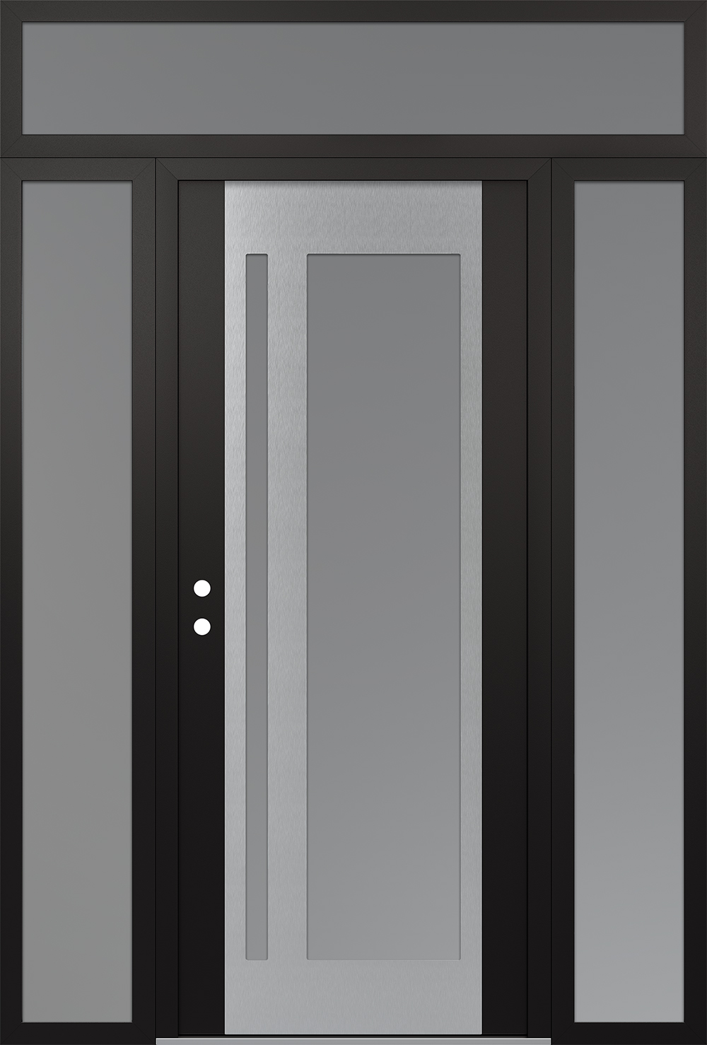 Modern Steel Front Door Diamond C15 64" x 96" black/white frosted Glass Panel stainless steel RHI with 2 Sidelites and Transom frosted Glass