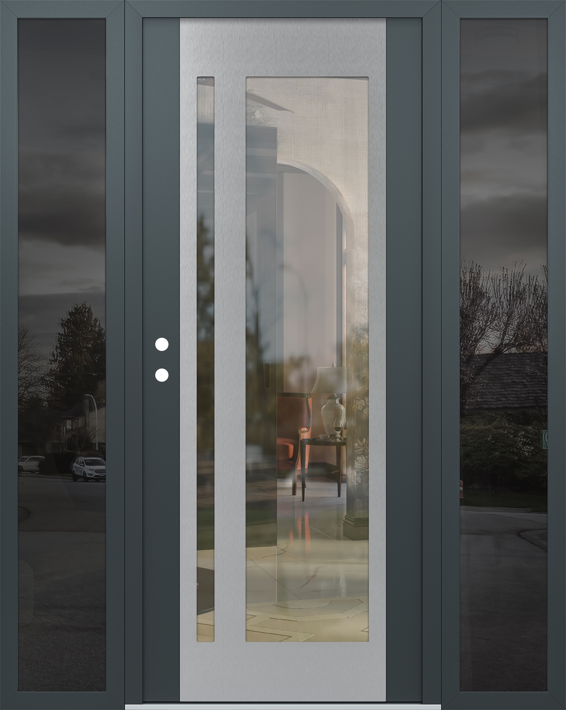 Modern Steel Front Door Diamond C15 68" x 80" anthracite/anthracite clear Glass Panel stainless steel RHI with 2 Sidelites mirrored Glass