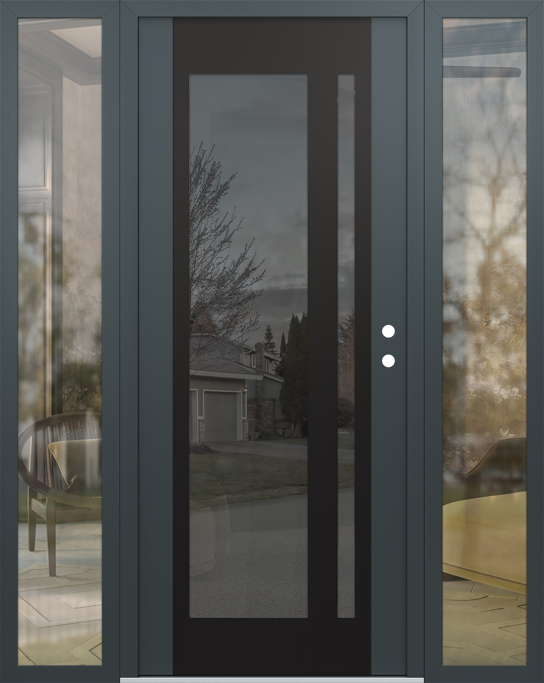 Modern Steel Front Door Diamond C15 68" x 80" anthracite/anthracite mirrored Glass Panel black LHI with 2 Sidelites clear Glass