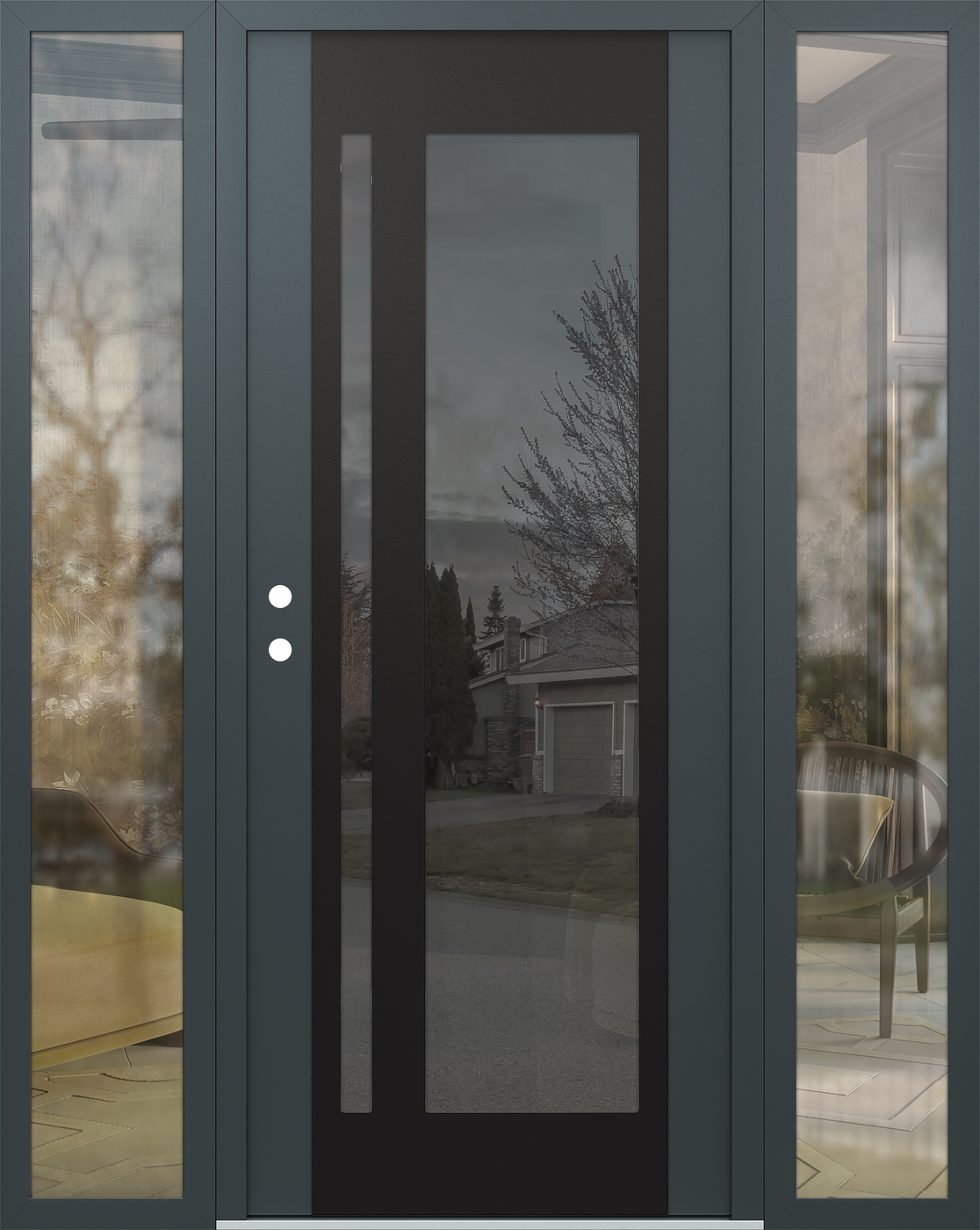 Modern Steel Front Door Diamond C15 68" x 80" anthracite/anthracite mirrored Glass Panel black RHI with 2 Sidelites clear Glass
