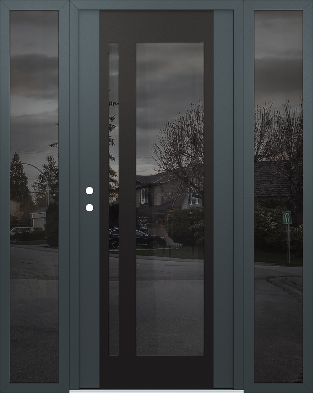 Modern Steel Front Door Diamond C15 68" x 80" anthracite/anthracite mirrored Glass Panel black RHI with 2 Sidelites mirrored Glass