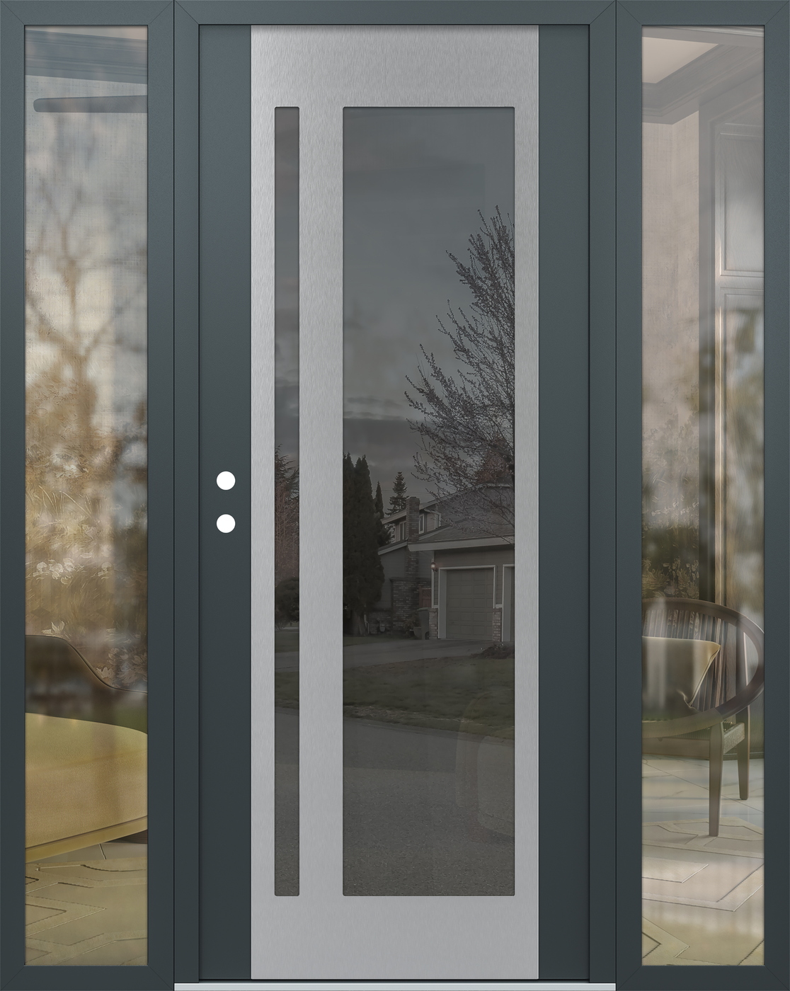 Modern Steel Front Door Diamond C15 68" x 80" anthracite/anthracite mirrored Glass Panel stainless steel RHI with 2 Sidelites clear Glass