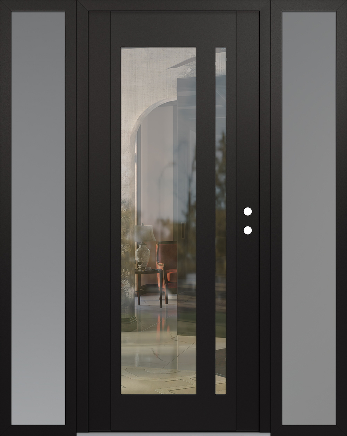 Modern Steel Front Door Diamond C15 68" x 80" black/black clear Glass Panel black LHI with 2 Sidelites frosted Glass
