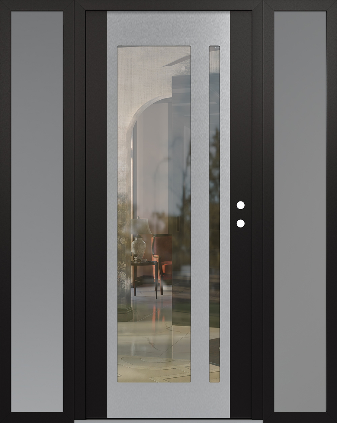 Modern Steel Front Door Diamond C15 68" x 80" black/black clear Glass Panel stainless steel LHI with 2 Sidelites frosted Glass