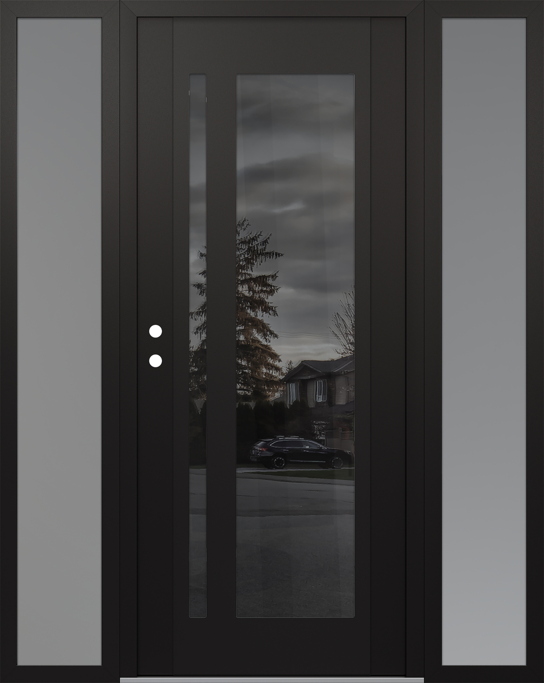 Modern Steel Front Door Diamond C15 68" x 80" black/black mirrored Glass Panel black RHI with 2 Sidelites frosted Glass