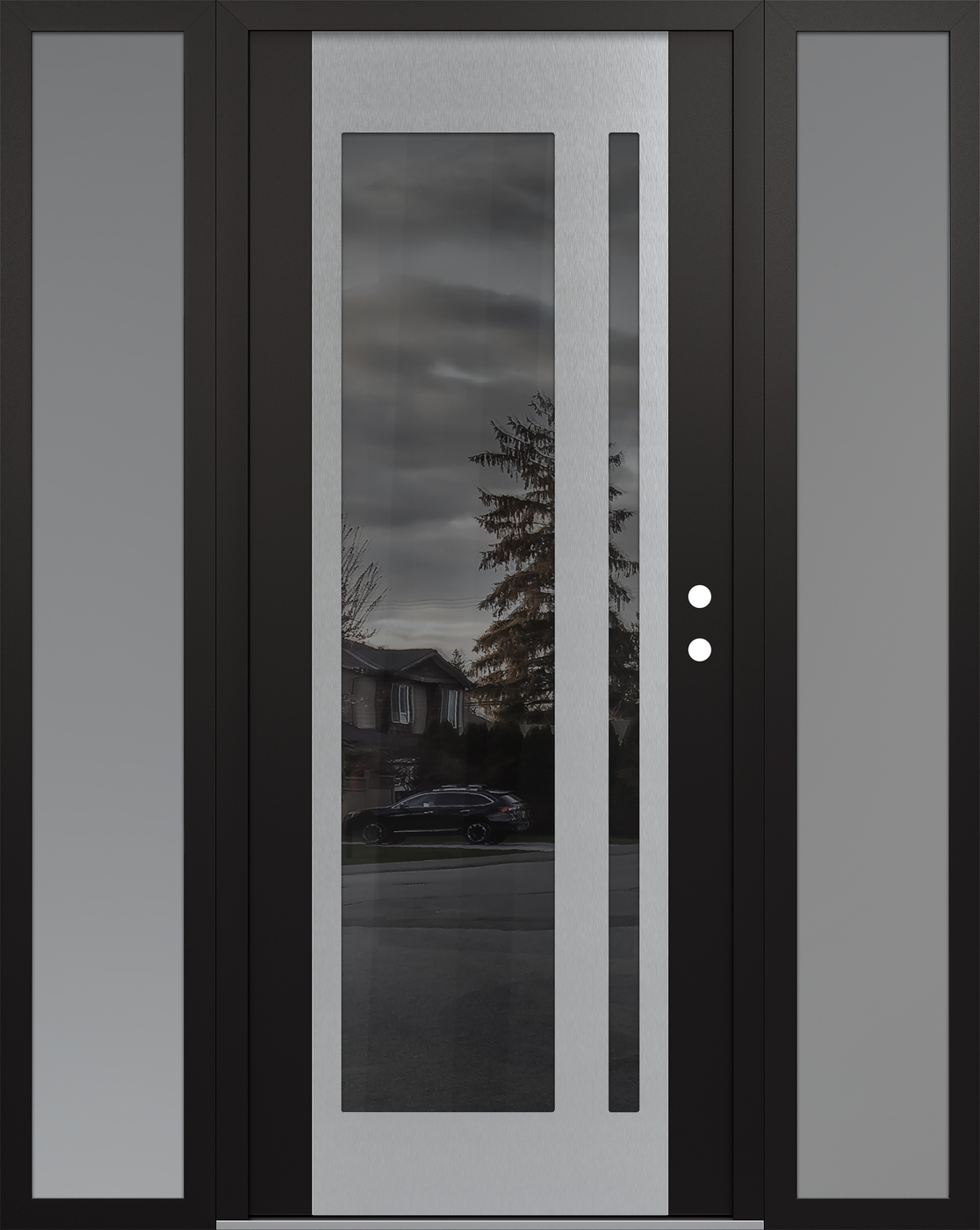 Modern Steel Front Door Diamond C15 68" x 80" black/black mirrored Glass Panel stainless steel LHI with 2 Sidelites frosted Glass