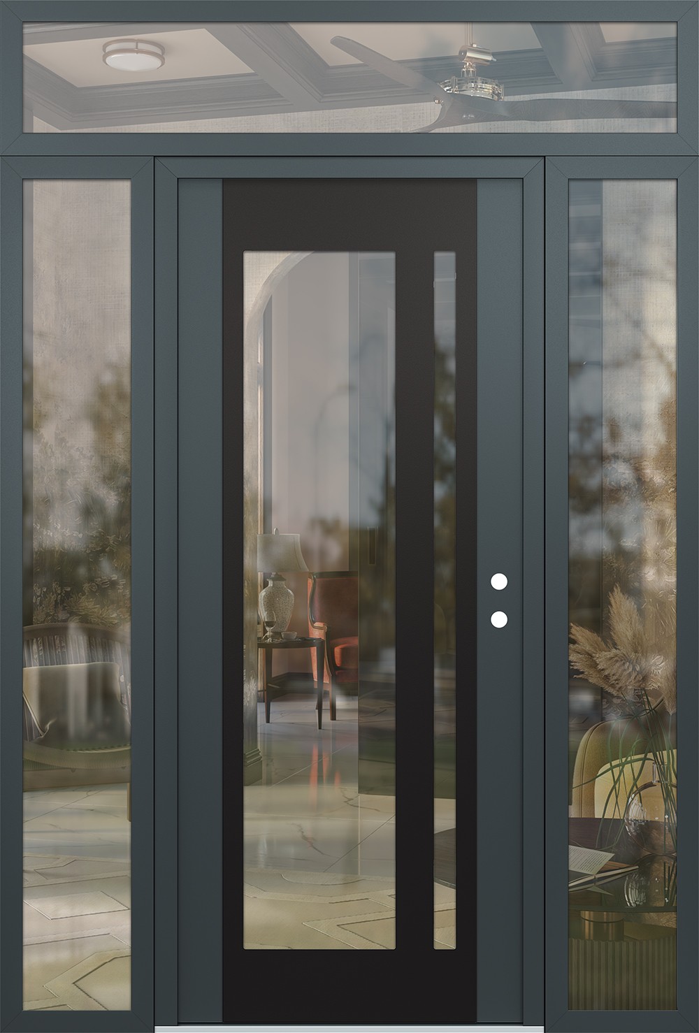 Modern Steel Front Door Diamond C15 68" x 96" anthracite/anthracite clear Glass Panel black LHI with 2 Sidelites and Transom clear Glass