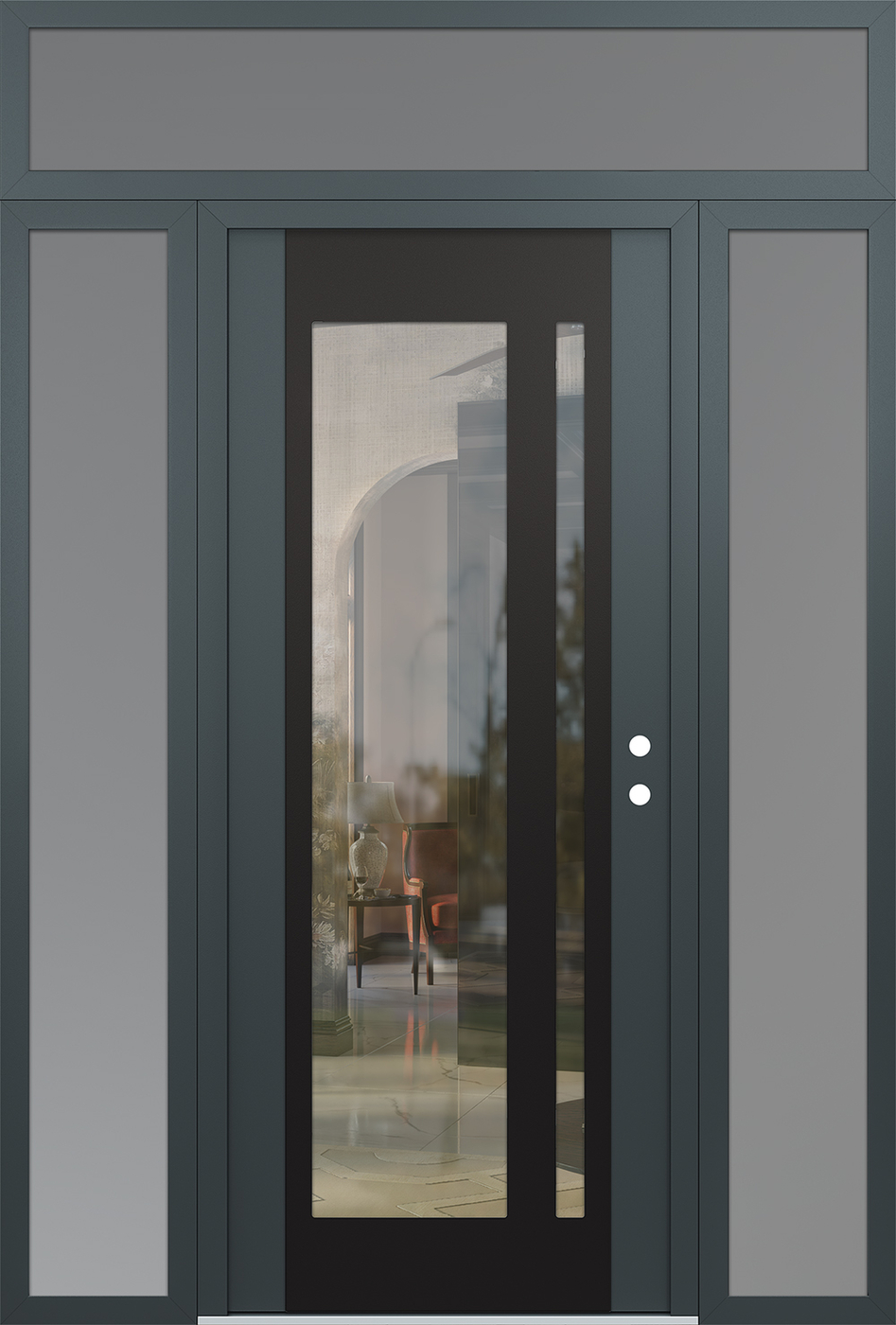 Modern Steel Front Door Diamond C15 68" x 96" anthracite/anthracite clear Glass Panel black LHI with 2 Sidelites and Transom frosted Glass