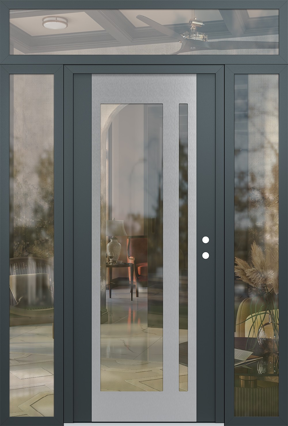 Modern Steel Front Door Diamond C15 68" x 96" anthracite/anthracite clear Glass Panel stainless steel LHI with 2 Sidelites and Transom clear Glass