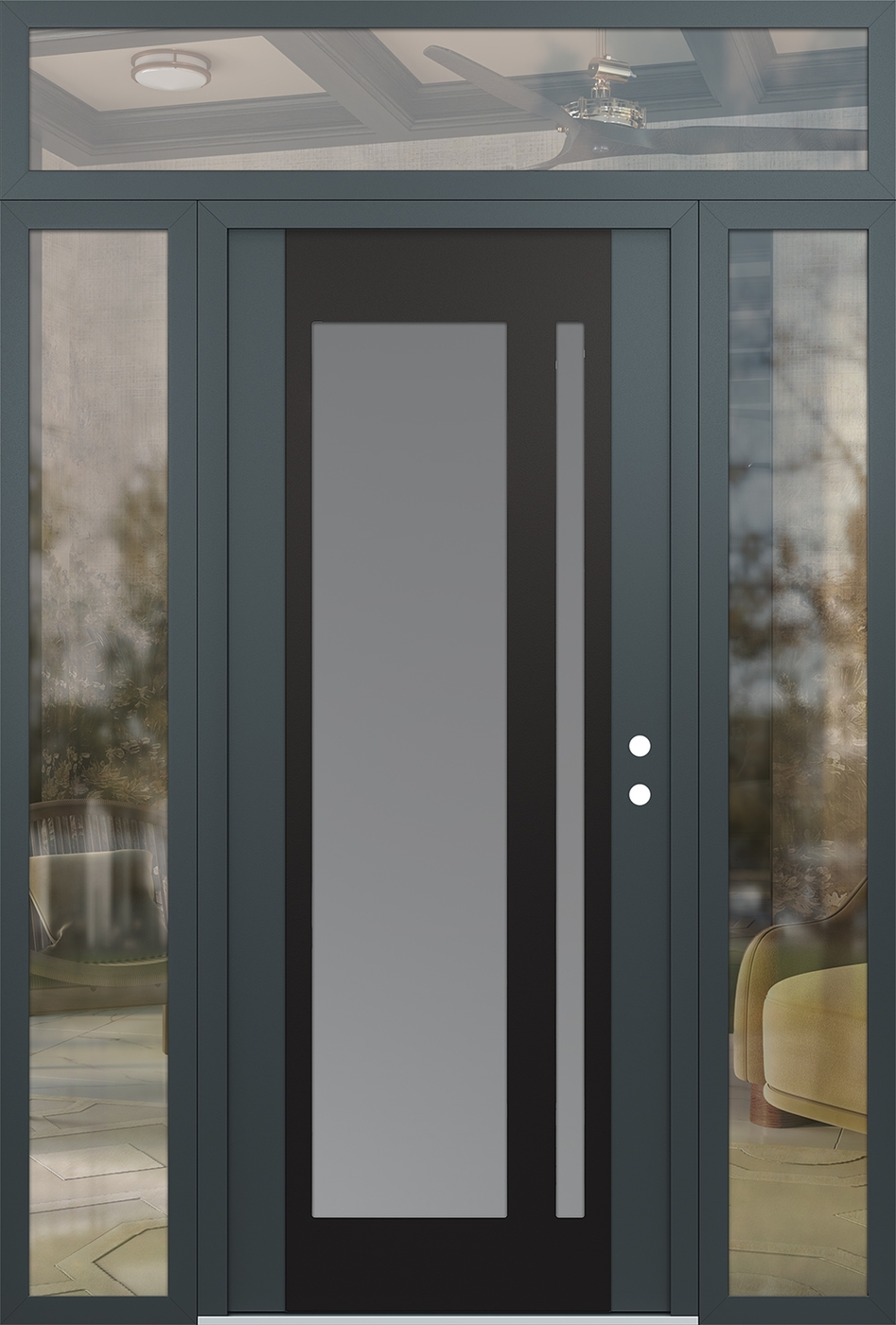Modern Steel Front Door Diamond C15 68" x 96" anthracite/anthracite frosted Glass Panel black LHI with 2 Sidelites and Transom clear Glass