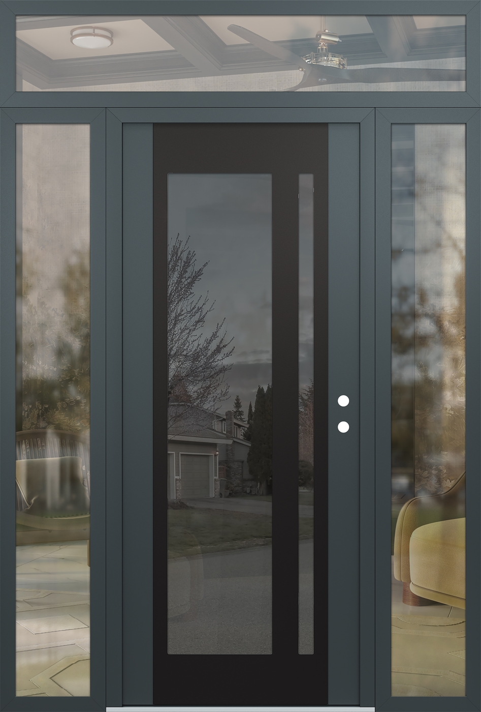 Modern Steel Front Door Diamond C15 68" x 96" anthracite/anthracite mirrored Glass Panel black LHI with 2 Sidelites and Transom clear Glass