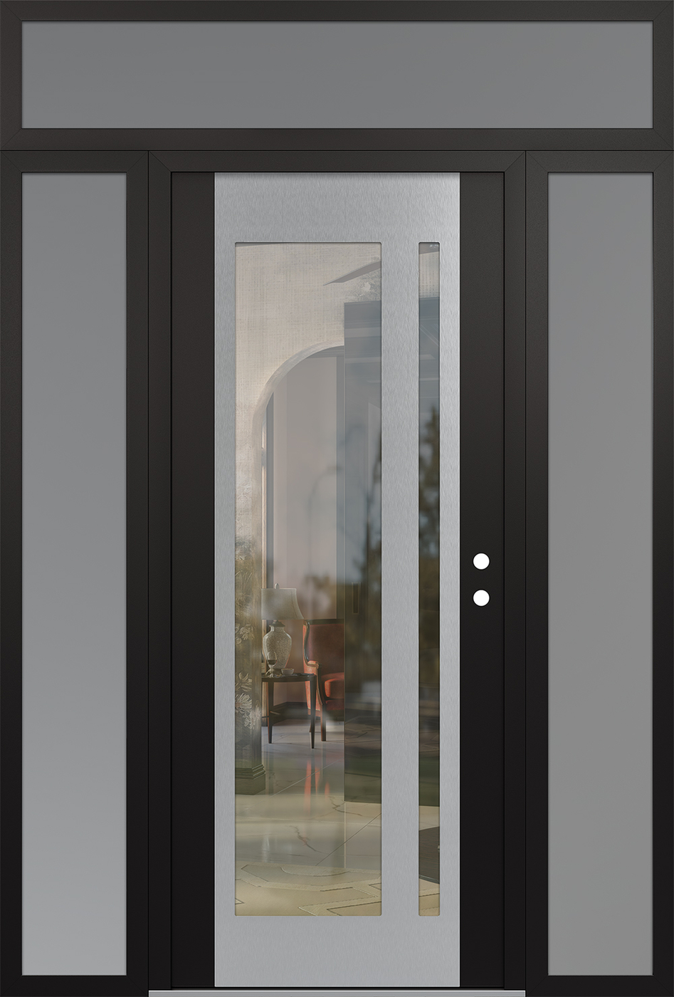 Modern Steel Front Door Diamond C15 68" x 96" black/black clear Glass Panel stainless steel LHI with 2 Sidelites and Transom frosted Glass