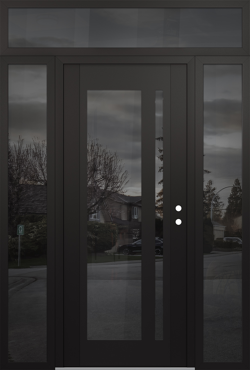 Modern Steel Front Door Diamond C15 68" x 96" black/black mirrored Glass Panel black LHI with 2 Sidelites and Transom mirrored Glass