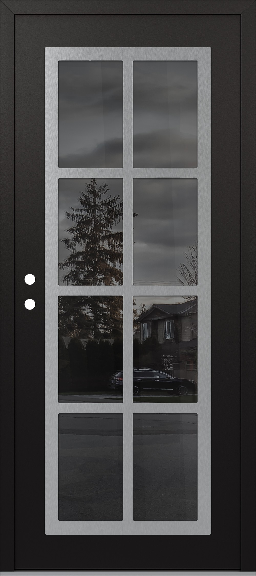 Modern Steel Front Door Diamond C16 36" x 80" black/black mirrored Glass Panel stainless steel RHI