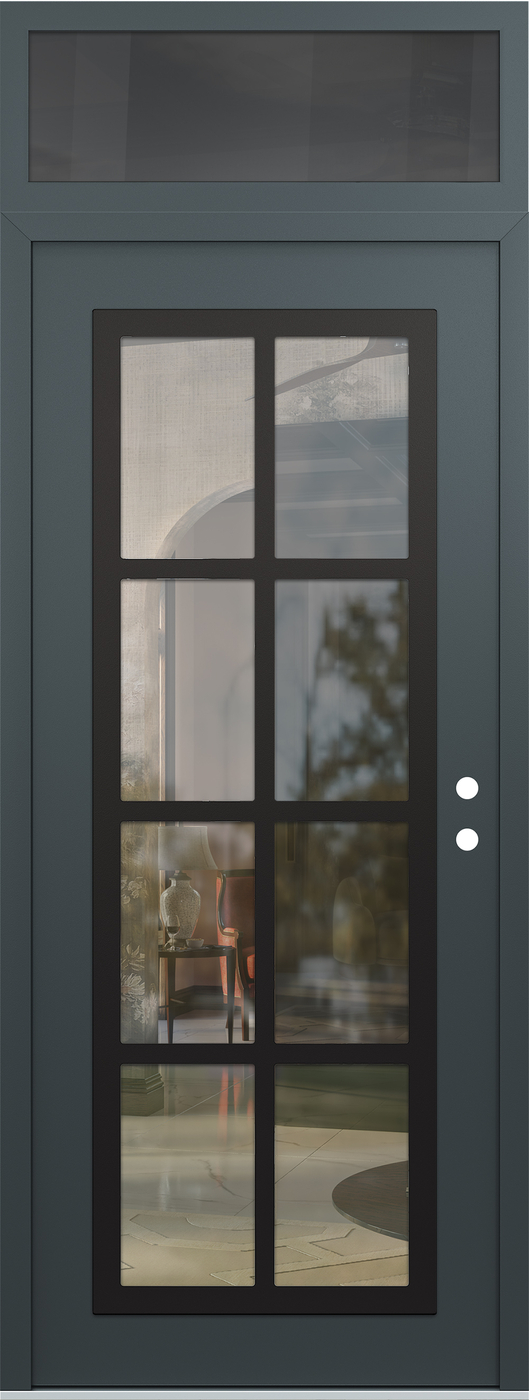 Modern Steel Front Door DIAMOND C16 36" X 96" ANTHRACITE/ANTHRACITE CLEAR GLASS PANEL BLACK LHI WITH TRANSOM MIRRORED GLASS