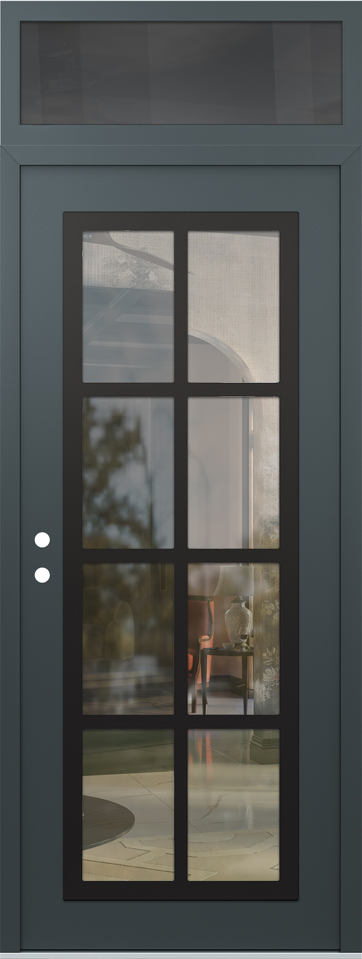 Modern Steel Front Door DIAMOND C16 36" X 96" ANTHRACITE/ANTHRACITE CLEAR GLASS PANEL BLACK RHI WITH TRANSOM MIRRORED GLASS