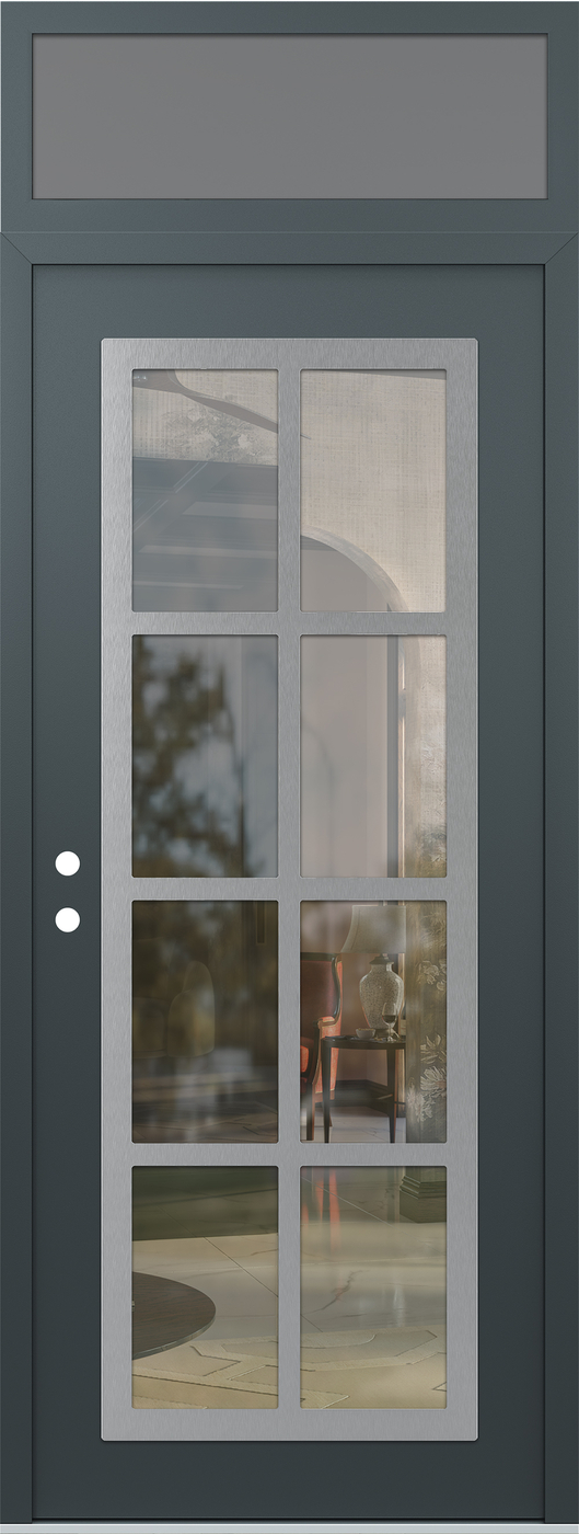 Modern Steel Front Door DIAMOND C16 36" X 96" ANTHRACITE/ANTHRACITE CLEAR GLASS PANEL STAINLESS STEEL RHI WITH TRANSOM FROSTED GLASS