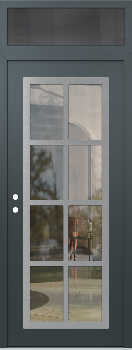 Modern Steel Front Door DIAMOND C16 36" X 96" ANTHRACITE/ANTHRACITE CLEAR GLASS PANEL STAINLESS STEEL RHI WITH TRANSOM MIRRORED GLASS