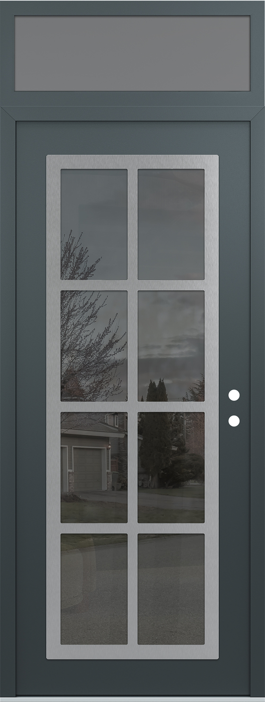 Modern Steel Front Door DIAMOND C16 36" X 96" ANTHRACITE/ANTHRACITE MIRRORED GLASS PANEL STAINLESS STEEL LHI WITH TRANSOM FROSTED GLASS
