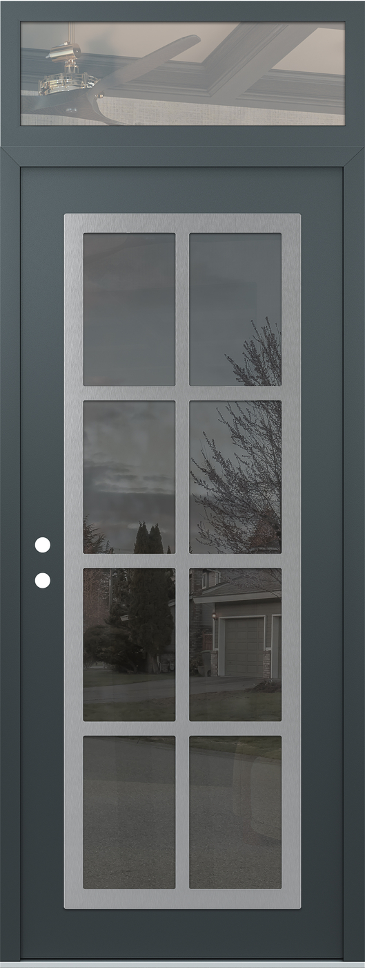 Modern Steel Front Door DIAMOND C16 36" X 96" ANTHRACITE/ANTHRACITE MIRRORED GLASS PANEL STAINLESS STEEL RHI WITH TRANSOM CLEAR GLASS