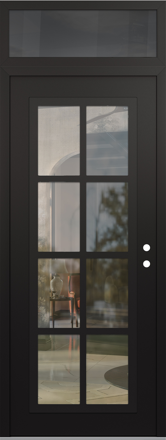 Modern Steel Front Door DIAMOND C16 36" X 96" BLACK/BLACK CLEAR GLASS PANEL BLACK LHI WITH TRANSOM MIRRORED GLASS