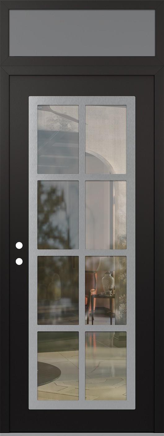 Modern Steel Front Door DIAMOND C16 36" X 96" BLACK/BLACK CLEAR GLASS PANEL STAINLESS STEEL RHI WITH TRANSOM FROSTED GLASS