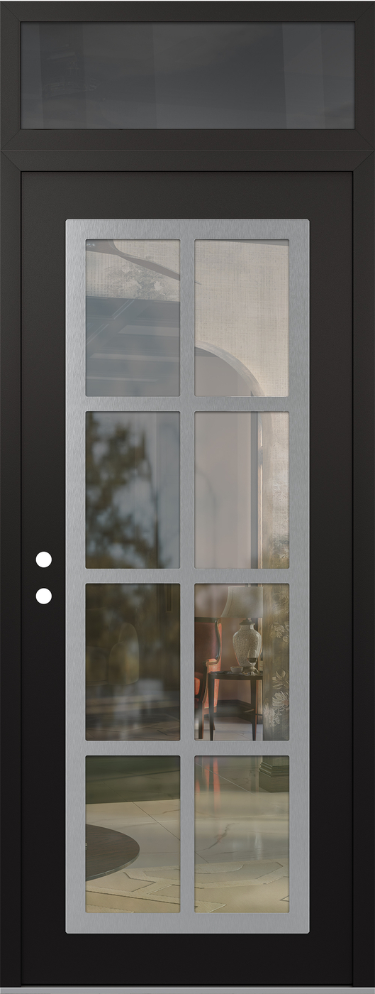 Modern Steel Front Door DIAMOND C16 36" X 96" BLACK/BLACK CLEAR GLASS PANEL STAINLESS STEEL RHI WITH TRANSOM MIRRORED GLASS