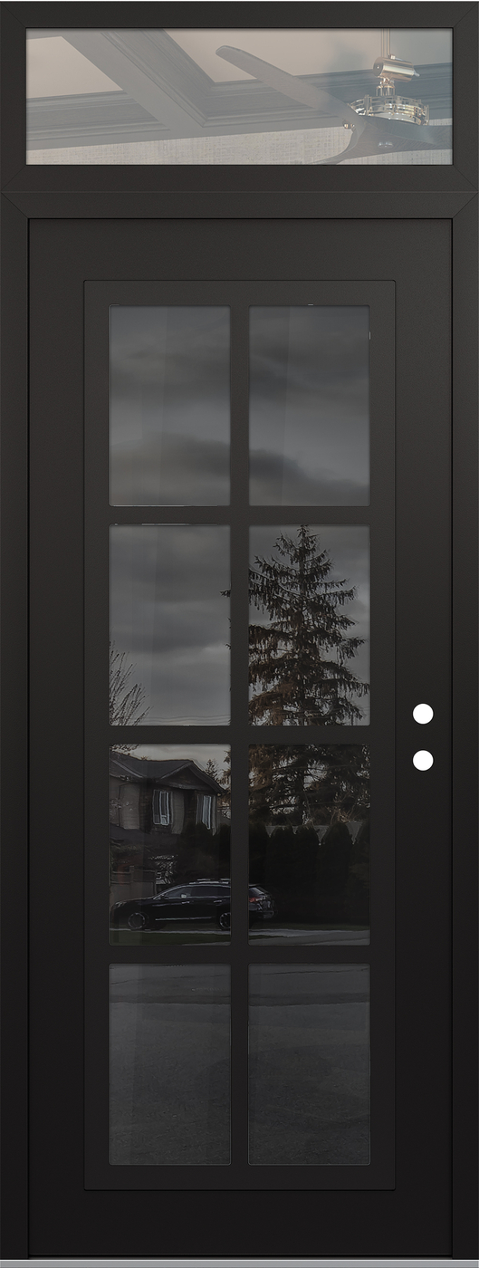 Modern Steel Front Door DIAMOND C16 36" X 96" BLACK/BLACK MIRRORED GLASS PANEL BLACK LHI WITH TRANSOM CLEAR GLASS