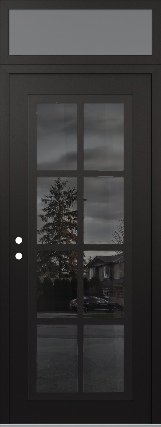 Modern Steel Front Door DIAMOND C16 36" X 96" BLACK/BLACK MIRRORED GLASS PANEL BLACK RHI WITH TRANSOM FROSTED GLASS