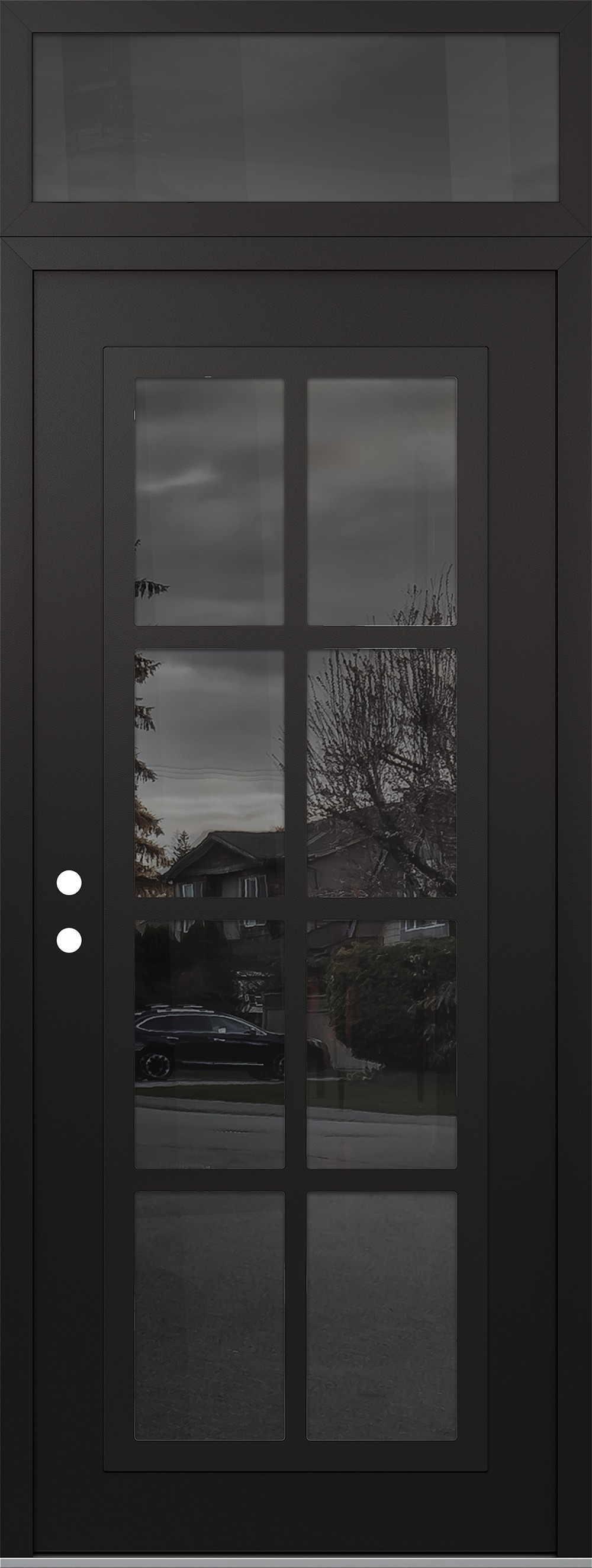 Modern Steel Front Door DIAMOND C16 36" X 96" BLACK/BLACK MIRRORED GLASS PANEL BLACK RHI WITH TRANSOM MIRRORED GLASS