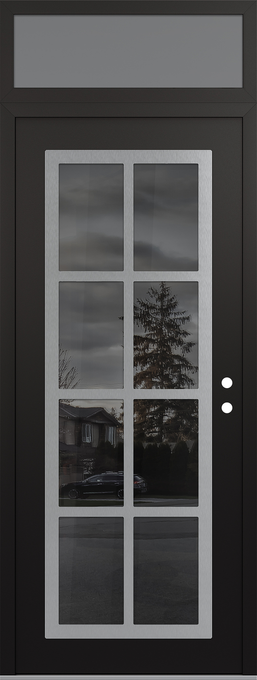 Modern Steel Front Door DIAMOND C16 36" X 96" BLACK/BLACK MIRRORED GLASS PANEL STAINLESS STEEL LHI WITH TRANSOM FROSTED GLASS