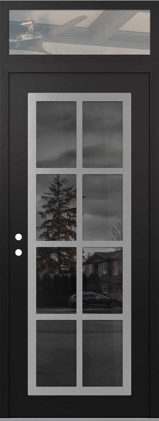 Modern Steel Front Door DIAMOND C16 36" X 96" BLACK/BLACK MIRRORED GLASS PANEL STAINLESS STEEL RHI WITH TRANSOM CLEAR GLASS