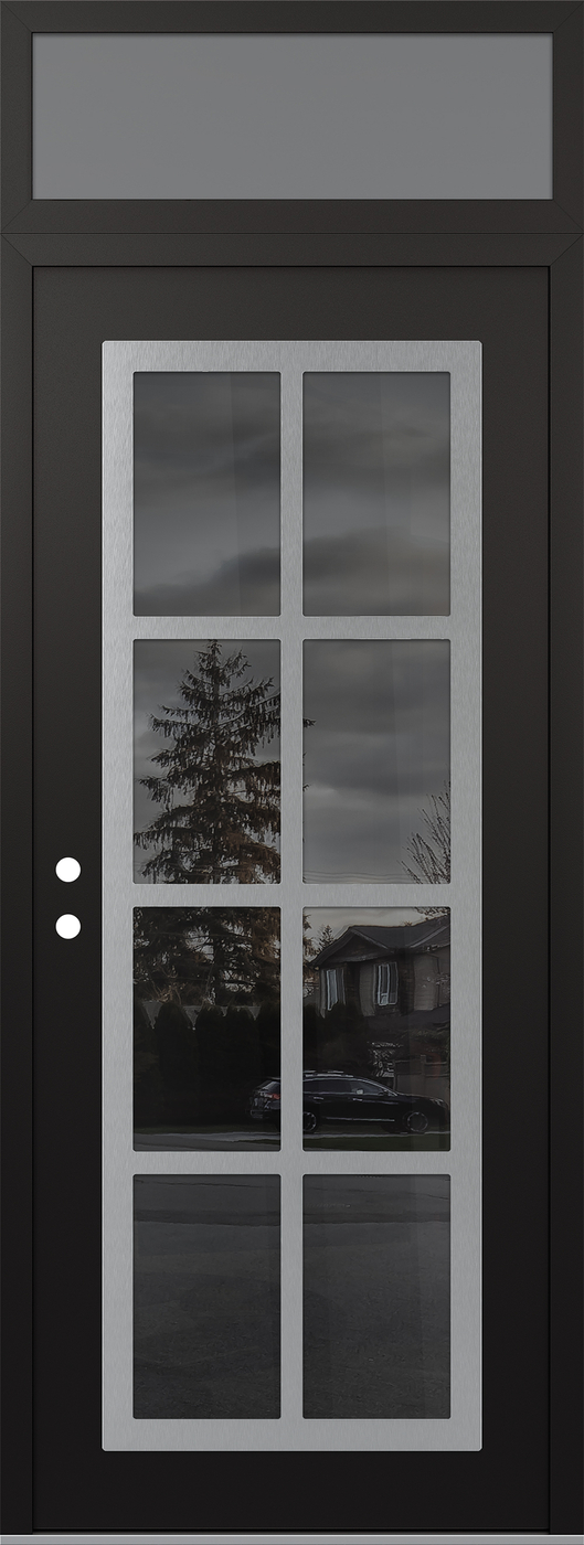 Modern Steel Front Door DIAMOND C16 36" X 96" BLACK/BLACK MIRRORED GLASS PANEL STAINLESS STEEL RHI WITH TRANSOM FROSTED GLASS