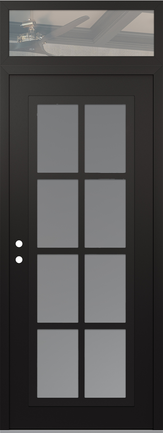 Modern Steel Front Door DIAMOND C16 36" X 96" BLACK/WHITE FROSTED GLASS PANEL BLACK RHI WITH TRANSOM CLEAR GLASS