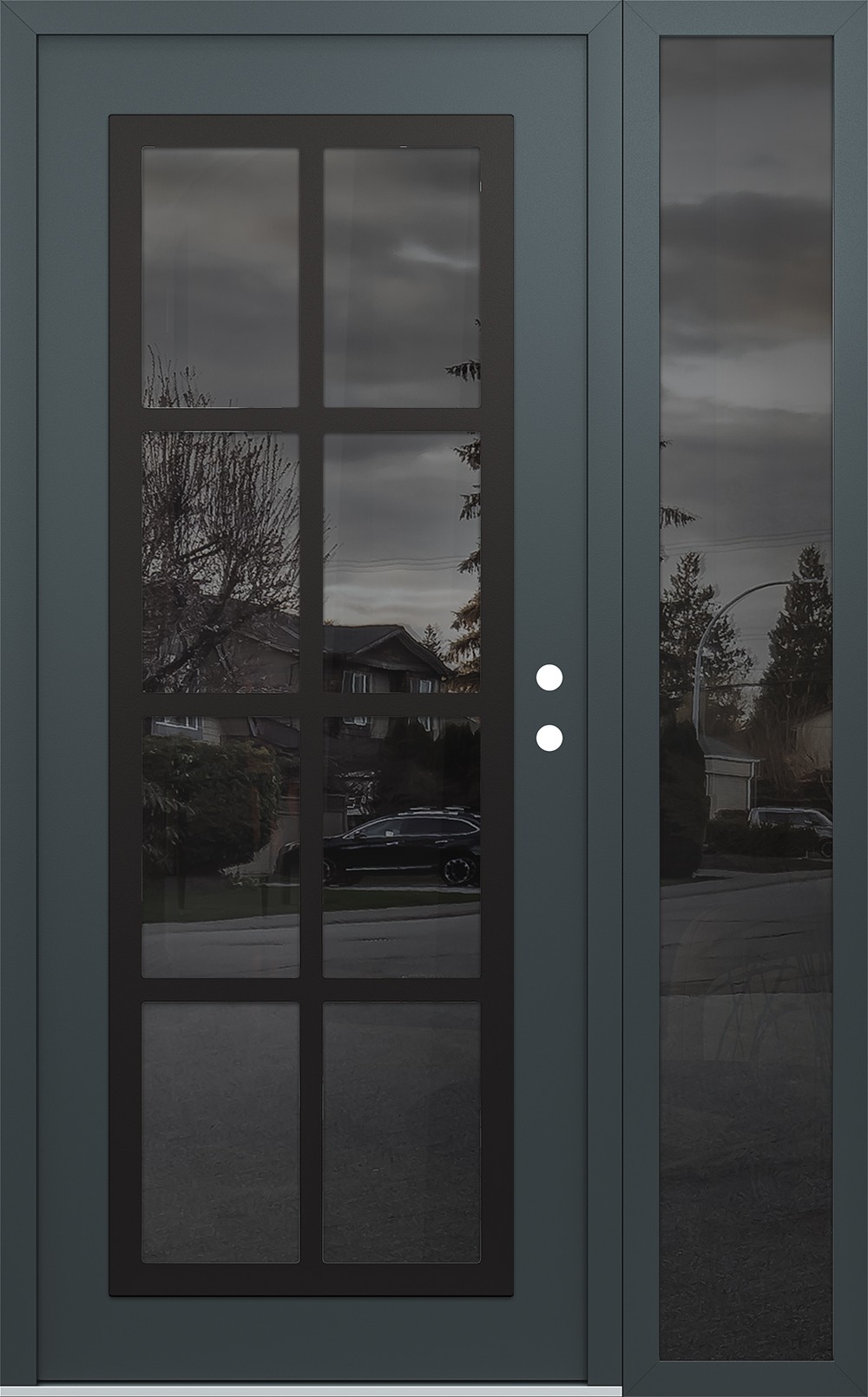 Modern Steel Front Door Diamond C16 48" x 80" anthracite/anthracite mirrored Glass Panel black LHI with Sidelite mirrored Glass