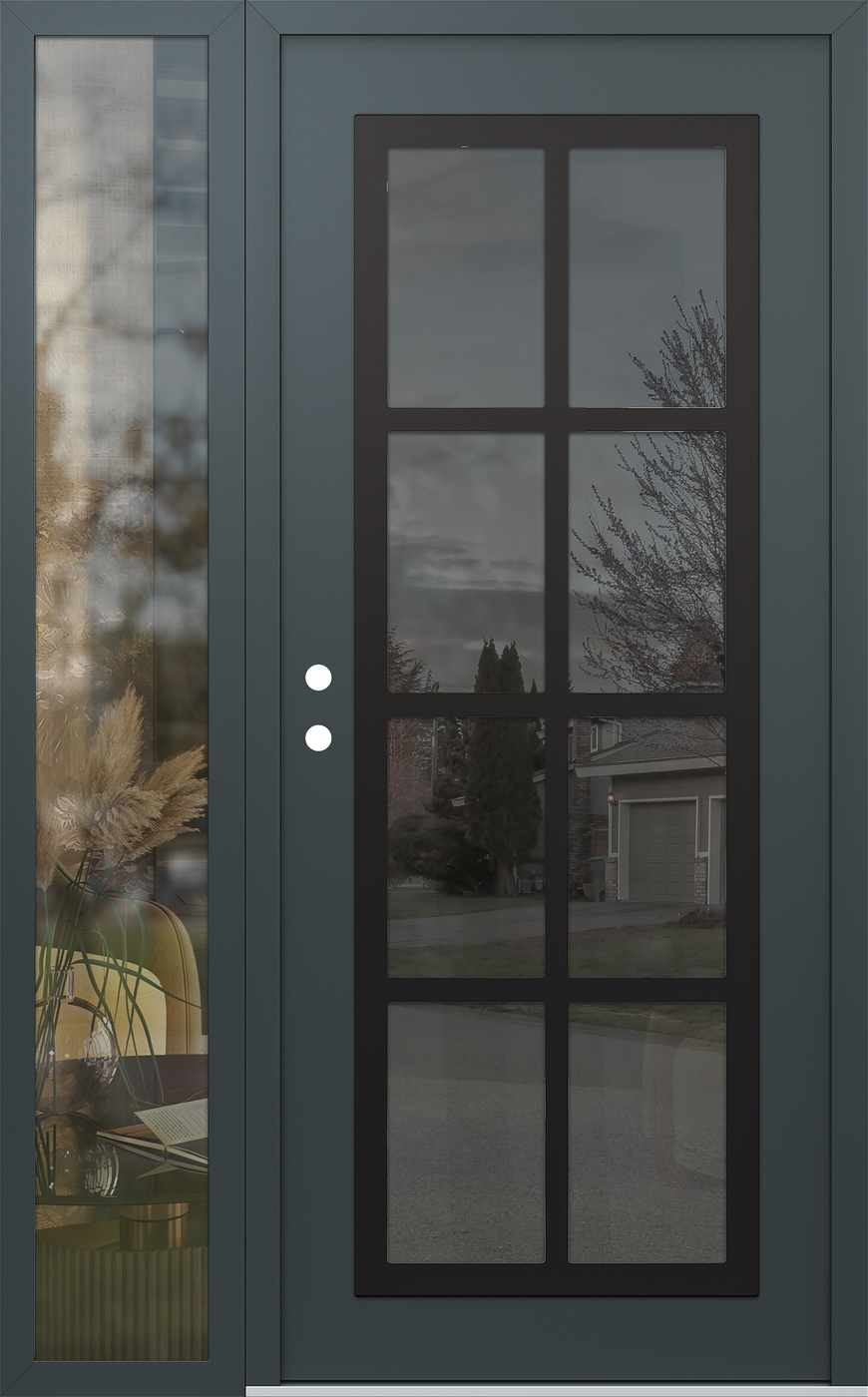 Modern Steel Front Door Diamond C16 48" x 80" anthracite/anthracite mirrored Glass Panel black RHI with Sidelite clear Glass