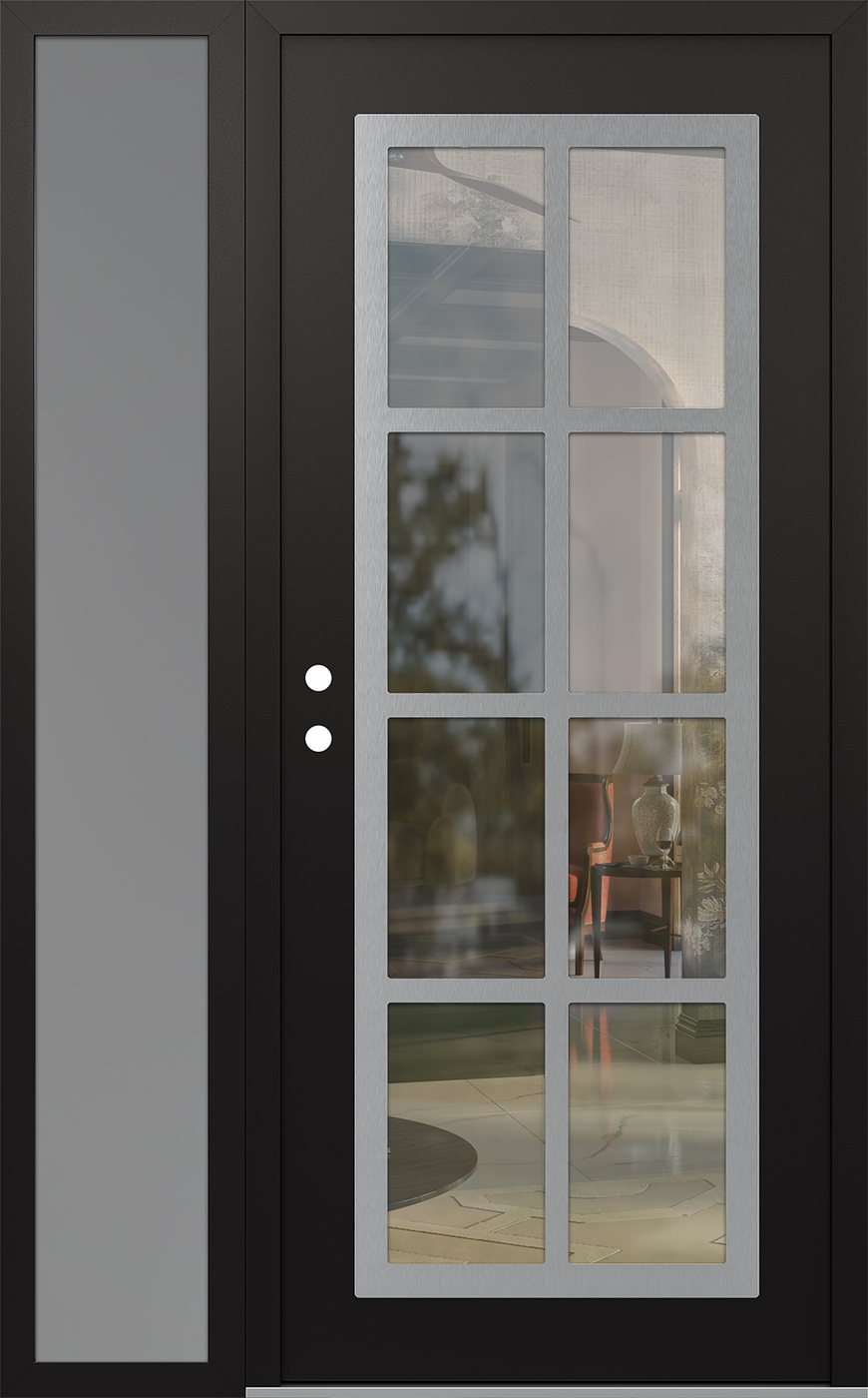 Modern Steel Front Door Diamond C16 48" x 80" black/black clear Glass Panel stainless steel RHI with Sidelite frosted Glass