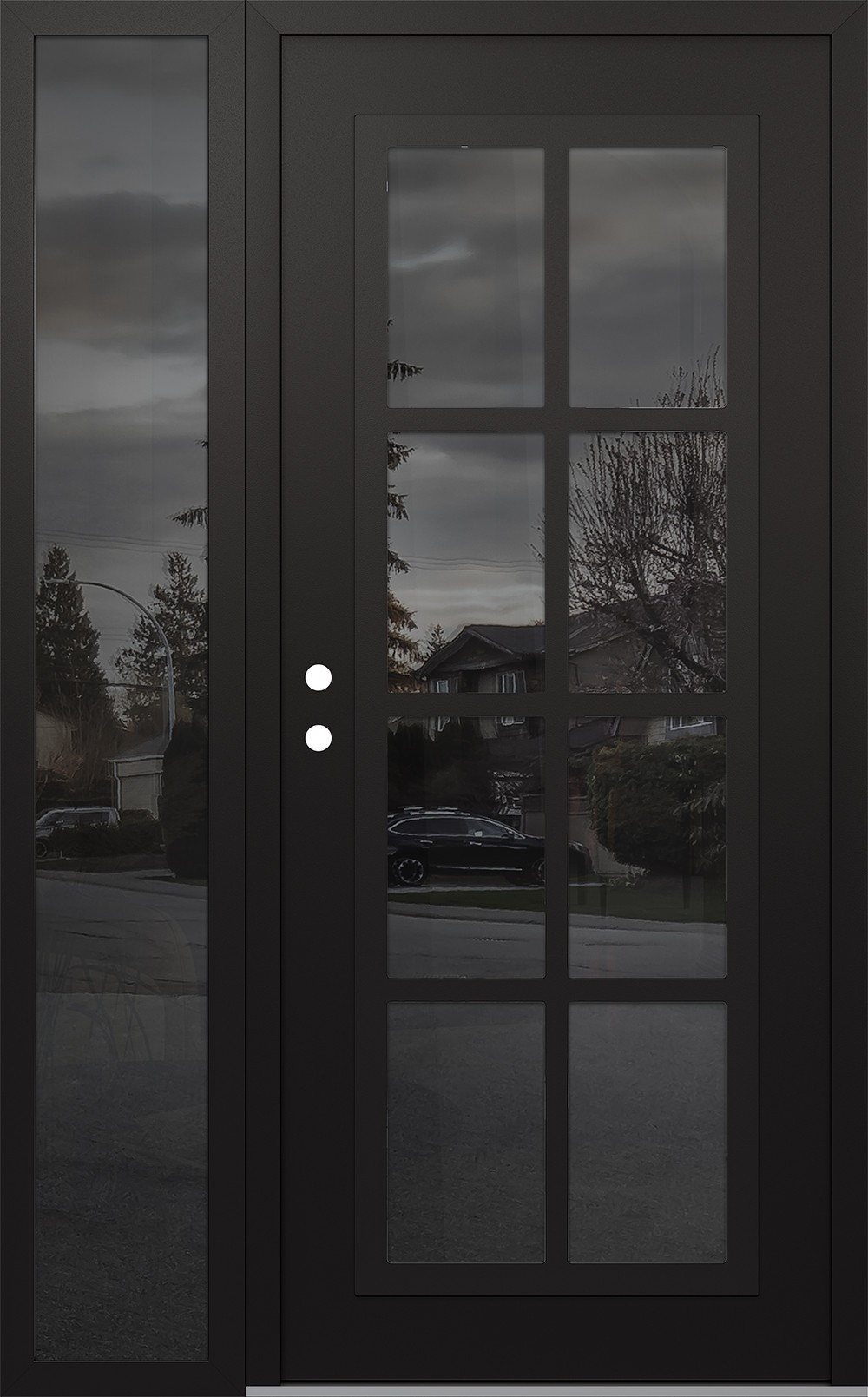 Modern Steel Front Door Diamond C16 48" x 80" black/black mirrored Glass Panel black RHI with Sidelite mirrored Glass