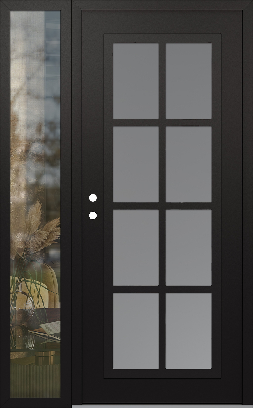 Modern Steel Front Door Diamond C16 48" x 80" black/white frosted Glass Panel black RHI with Sidelite clear Glass