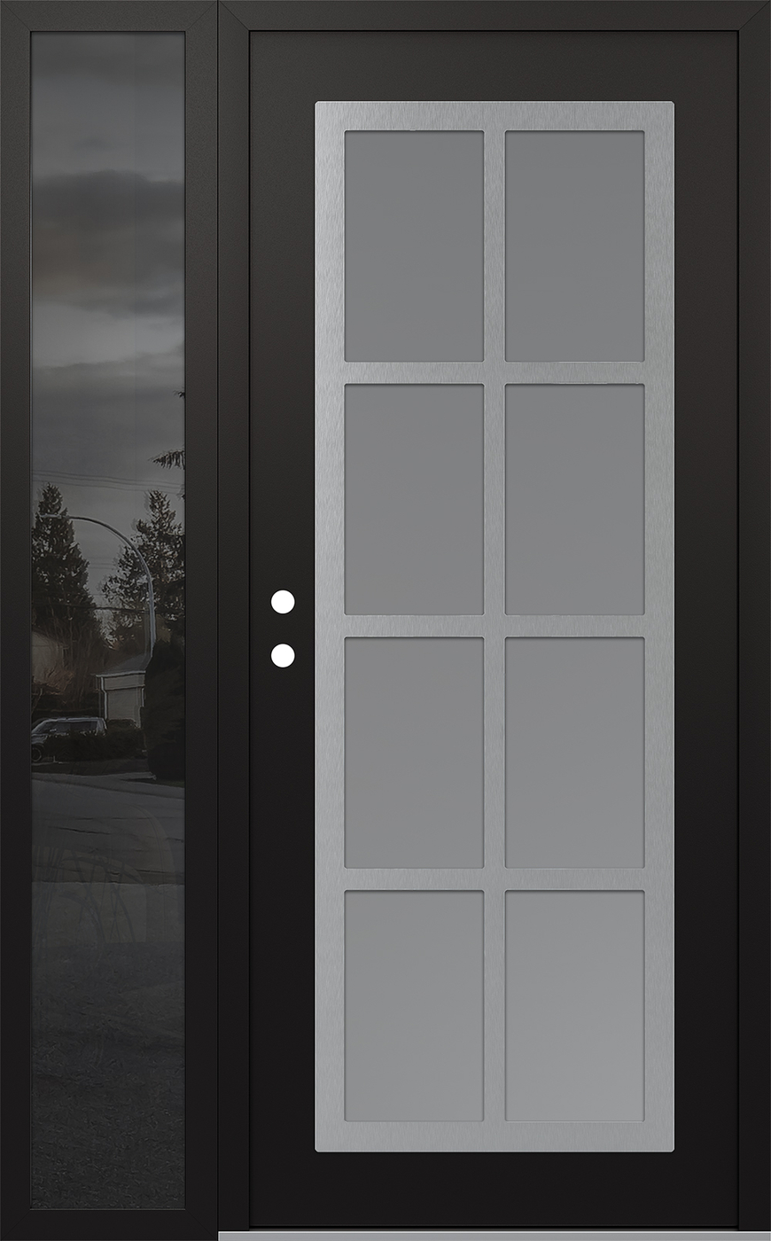 Modern Steel Front Door Diamond C16 48" x 80" black/white frosted Glass Panel stainless steel RHI with Sidelite mirrored Glass