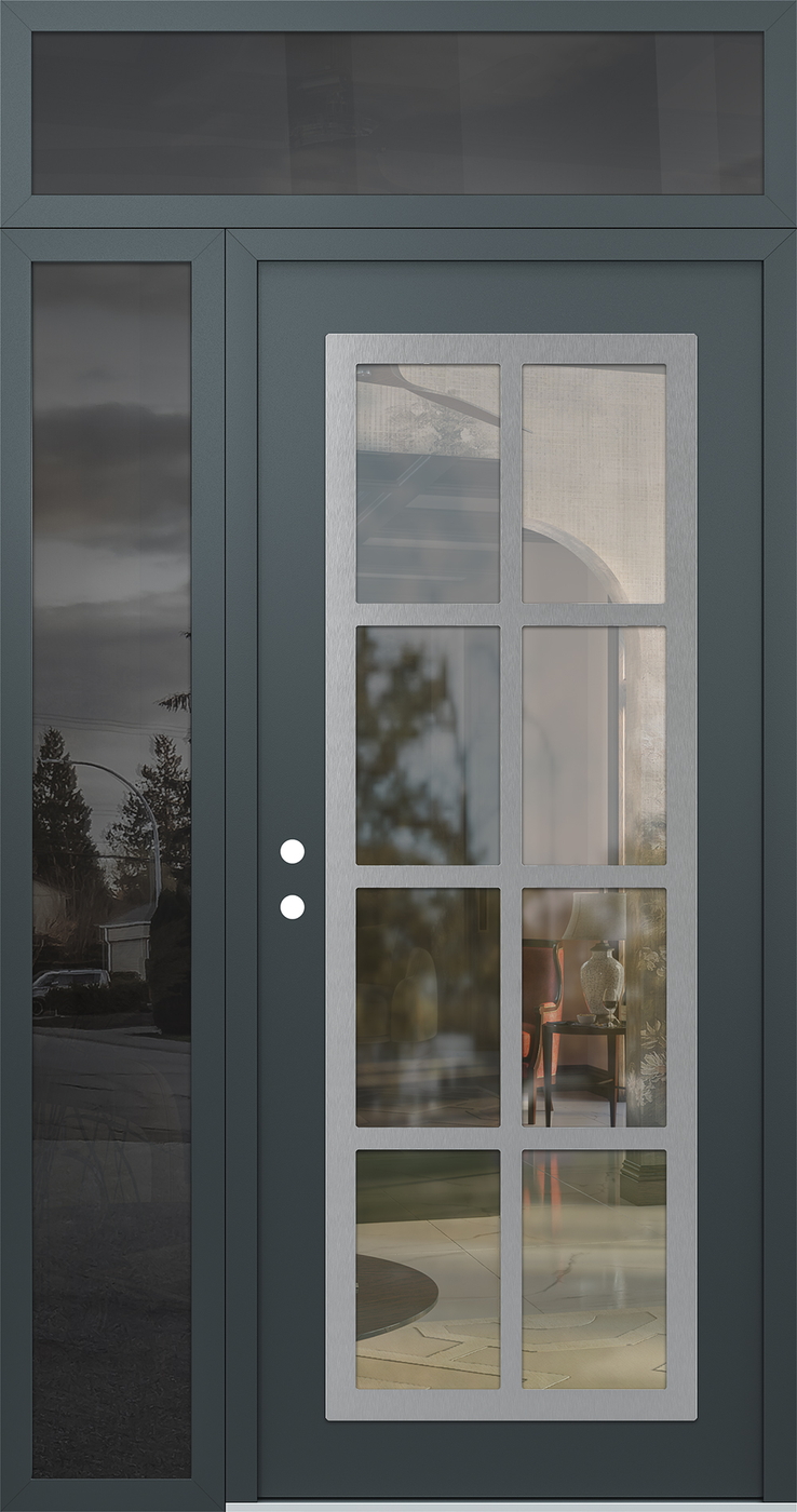 Modern Steel Front Door Diamond C16 48" x 96" anthracite/anthracite clear Glass Panel stainless steel RHI with Sidelite and Transom mirrored Glass