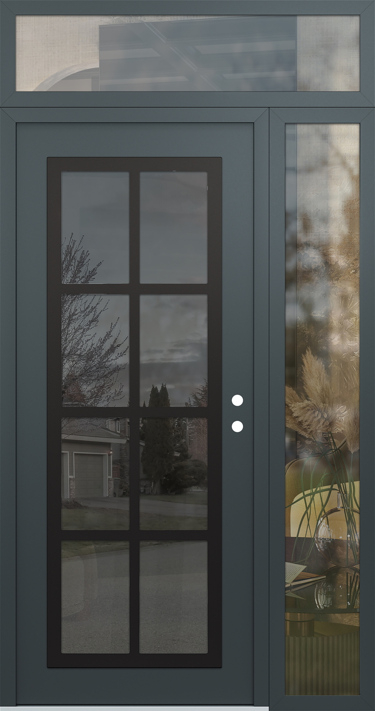 Modern Steel Front Door Diamond C16 48" x 96" anthracite/anthracite mirrored Glass Panel black LHI with Sidelite and Transom clear Glass