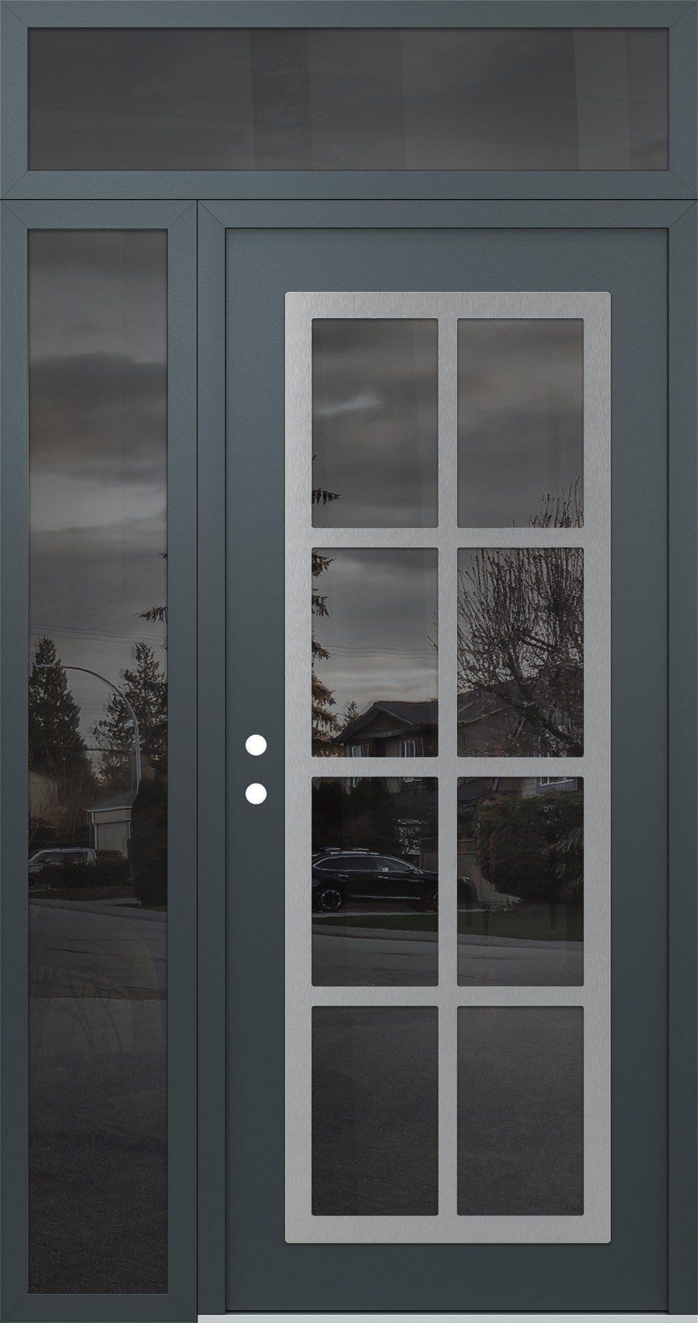 Modern Steel Front Door Diamond C16 48" x 96" anthracite/anthracite mirrored Glass Panel stainless steel RHI with Sidelite and Transom mirrored Glass