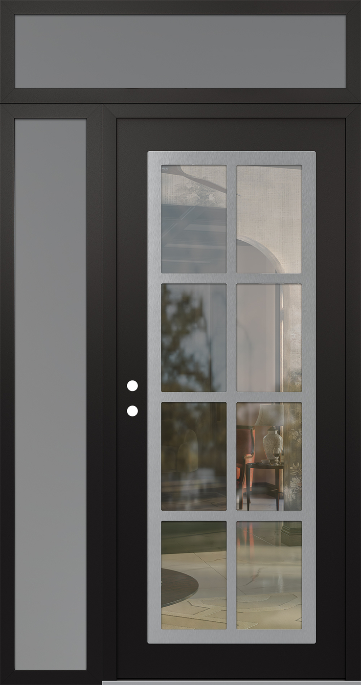 Modern Steel Front Door Diamond C16 48" x 96" black/black clear Glass Panel stainless steel RHI with Sidelite and Transom frosted Glass